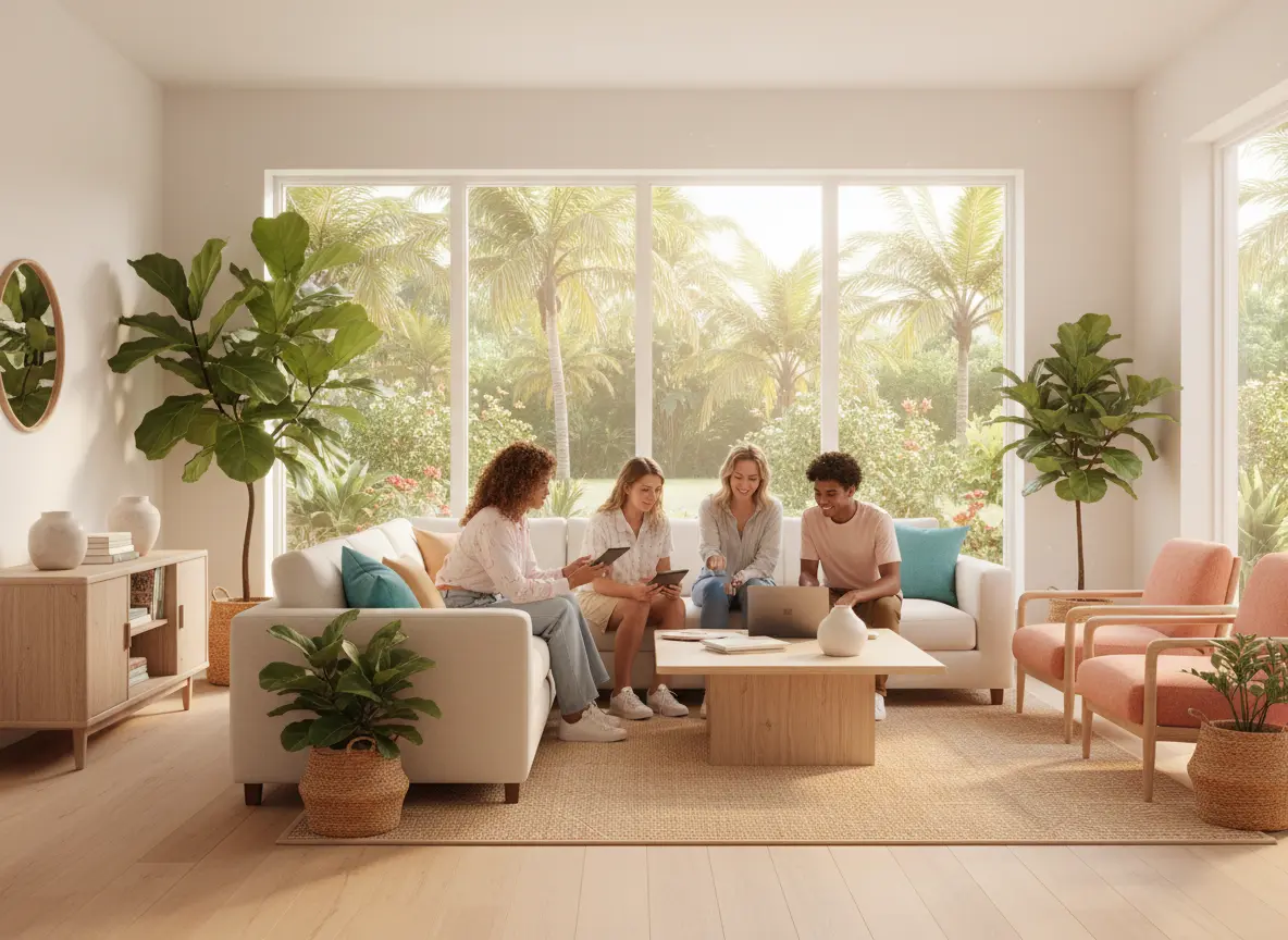 Students collaborating in a bright living room